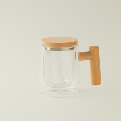 Mlkstudi Minimalist Borosilicate Glass Tea Brewer with Ergonomic Wooden Handle - Premium Heat-Resistant Teapot with Removable Infuser for Loose Leaf & Herbal Tea (450ml / 15.2 oz)